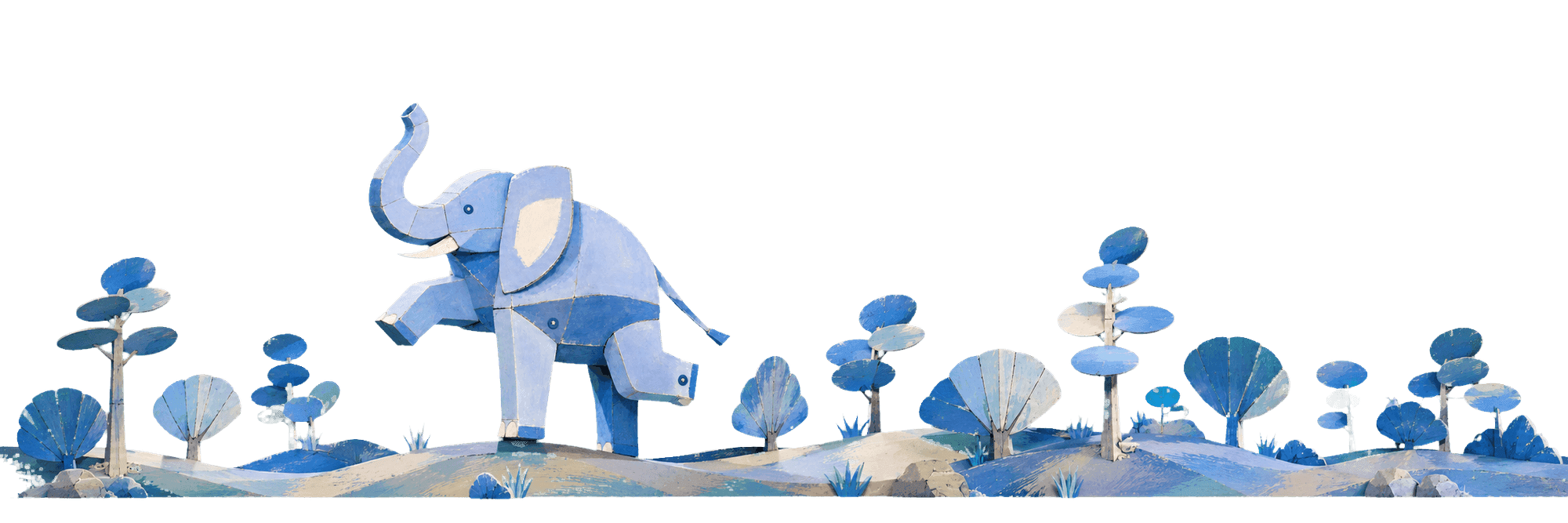 A painted cardboard elephant walking through a paper landscape of blue trees